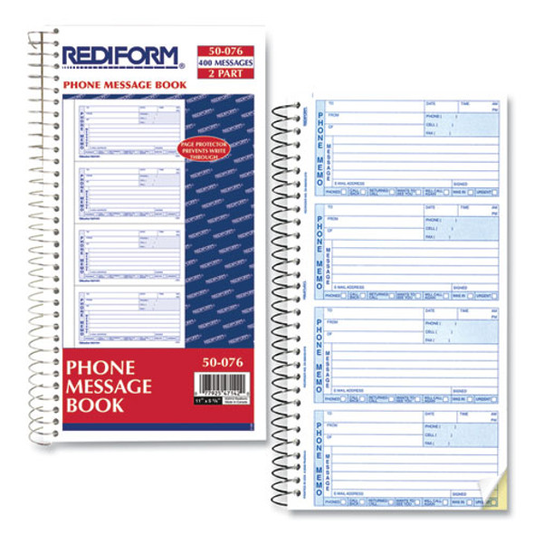 Telephone Message Book, Two-Part Carbonless, 5 x 2.75, 4 Forms/Sheet, 400 Forms Total