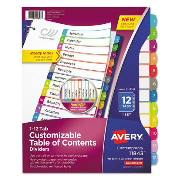 Customizable TOC Ready Index Multicolor Tab Dividers, 12-Tab, 1 to 12, 11 x 8.5, White, Contemporary Color Tabs, 1 Set