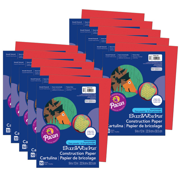Construction Paper, Medium Weight, Holiday Red, 9" x 12", 50 Sheets Per Pack, 10 Packs