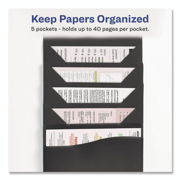 Slide and View Expanding File, 5 Sections, Cord/Hook Closure, Letter Size, Black