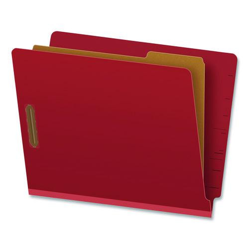 Colored Pressboard End Tab Classification Folders, 1.75" Expansion, 1 Divider, 4 Fasteners, Letter Size, Red Exterior, 10/Box