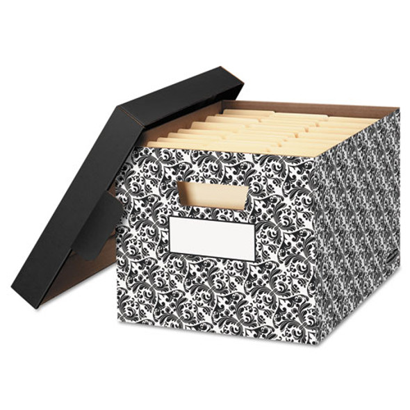 STOR/FILE Decorative Medium-Duty Storage Box, Letter/Legal Files, 12.5" x 16.25" x 10.5", Black/White Brocade Design, 4/CT