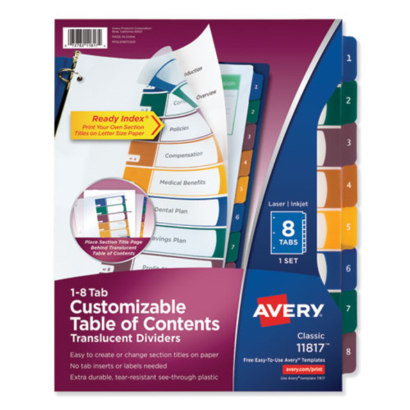 Customizable Table of Contents Ready Index Dividers with Multicolor Tabs, 8-Tab, 1 to 8, 11 x 8.5, Translucent, 1 Set
