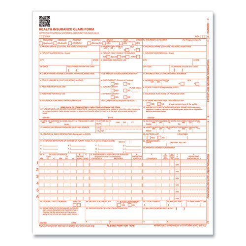CMS-1500 Health Insurance Claim Form, One-Part (No Copies), 8.5 x 11, 1,000 Forms Total