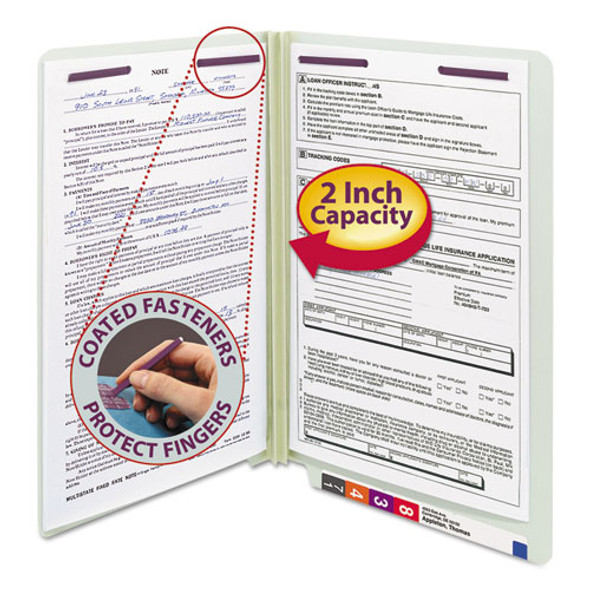 End Tab Pressboard Classification Folders, Two SafeSHIELD Coated Fasteners, 2" Expansion, Legal Size, Gray-Green, 25/Box