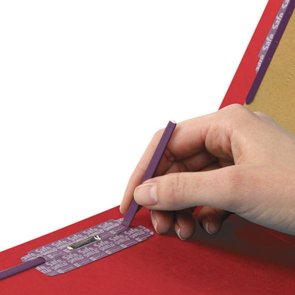 End Tab Pressboard Classification Folders, Six SafeSHIELD Fasteners, 2" Expansion, 2 Dividers, Letter Size, Bright Red, 10/BX