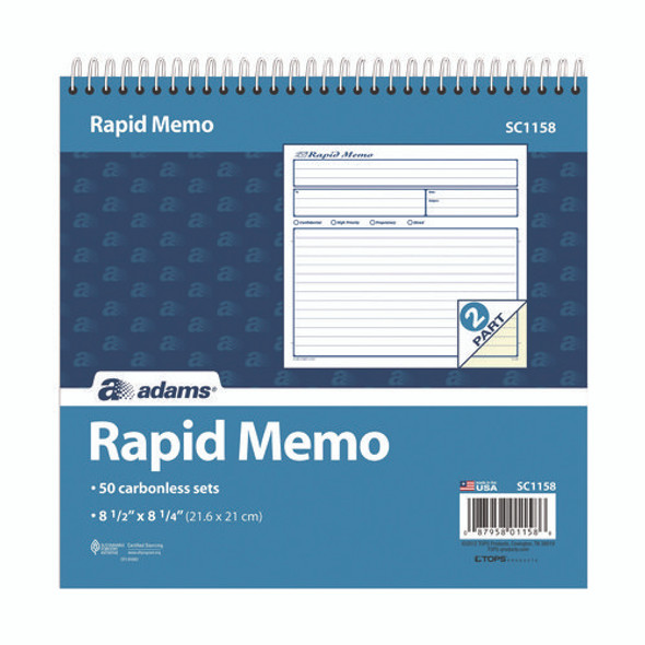 Rapid Memo Pad, Two-Part Carbonless, 8.5 x 7.75, 50 Forms Total