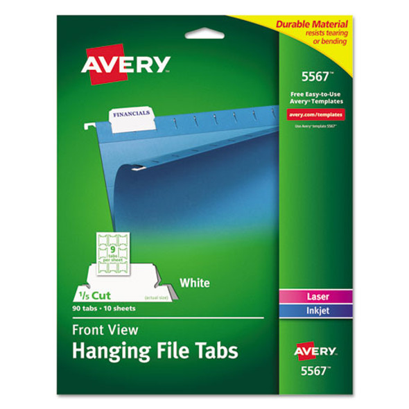 Laser Printable Hanging File Tabs, 1/5-Cut, White, 2.06" Wide, 90/Pack