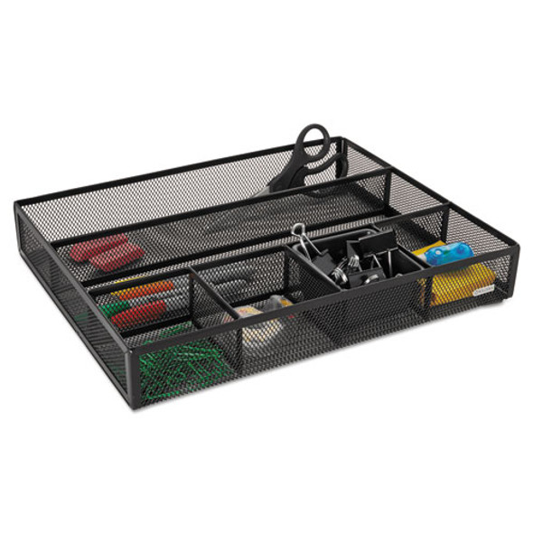 Metal Mesh Deep Desk Drawer Organizer, Six Compartments, 15.25 x 11.88 x 2.5, Black
