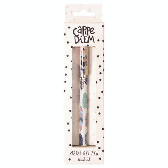 Carpe Diem Metal Gel Pen, Stick, Medium 0.7 mm, Black Ink, White/Blue/Green Feather Barrel, 6/Pack