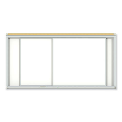 Horizontal Sliding Porcelain Magnetic Whiteboard, 144" x 48", White Surface, Anodized Aluminum Frame