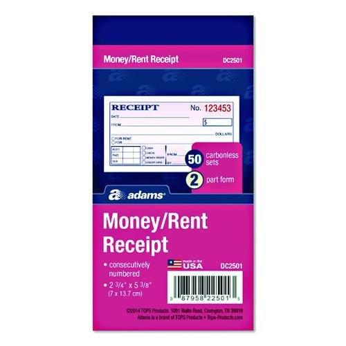 Money/Rent Receipt Book, Two-Part Carbonless, 4.88 x 2.75, 50 Forms Total