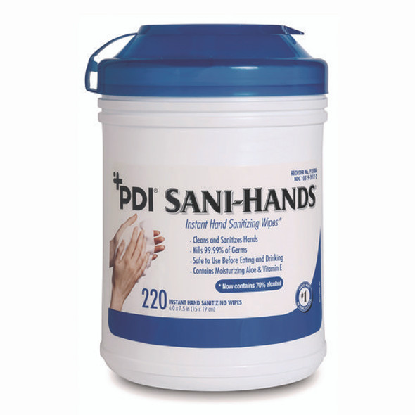 PDI Sani-Hands Instant Hand Sanitizing Wipes, 7.5 x 6, Unscented, White, 220/Canister, 6 Canisters/Carton