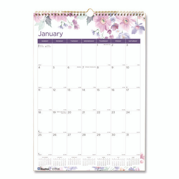 12-Month Colorful Wall Calendar, Watercolor Floral Artwork, 12 x 17, White/Multicolor Sheets, 12-Month (Jan to Dec): 2025
