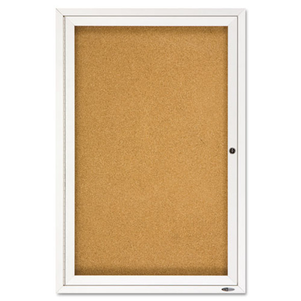 Enclosed Indoor Cork Bulletin Board with One Hinged Door, 24" x 36", Tan Surface, Satin Aluminum Frame