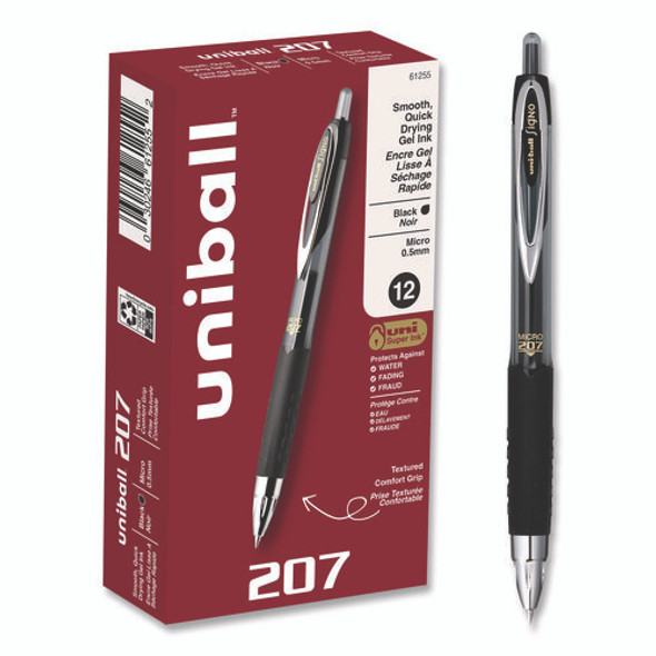 Signo 207 Gel Pen, Retractable, Fine 0.5 mm, Black Ink, Smoke/Black Barrel, Dozen