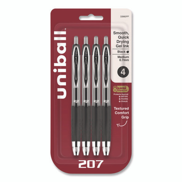 Signo 207 Gel Pen, Retractable, Medium 0.7 mm, Black Ink, Smoke/Black Barrel, 4/Pack