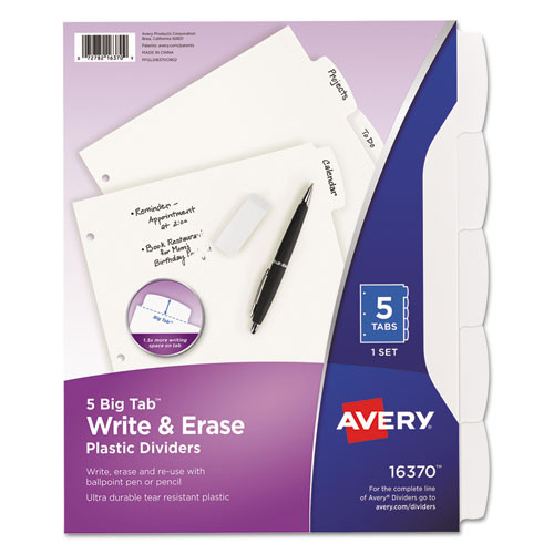 Write and Erase Big Tab Durable Plastic Dividers, 3-Hole Punched, 5-Tab, 11 x 8.5, White, 1 Set