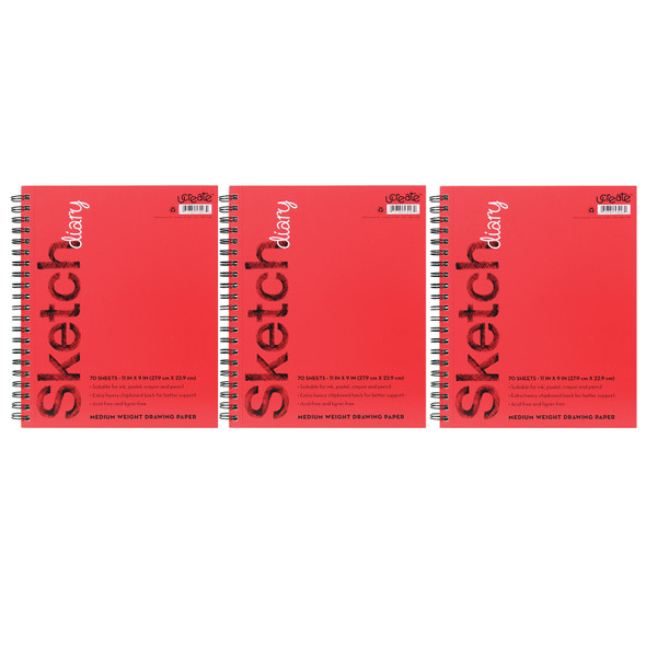 Sketch Diary, Medium Weight, 11" x 9", 70 Sheets, Pack of 3