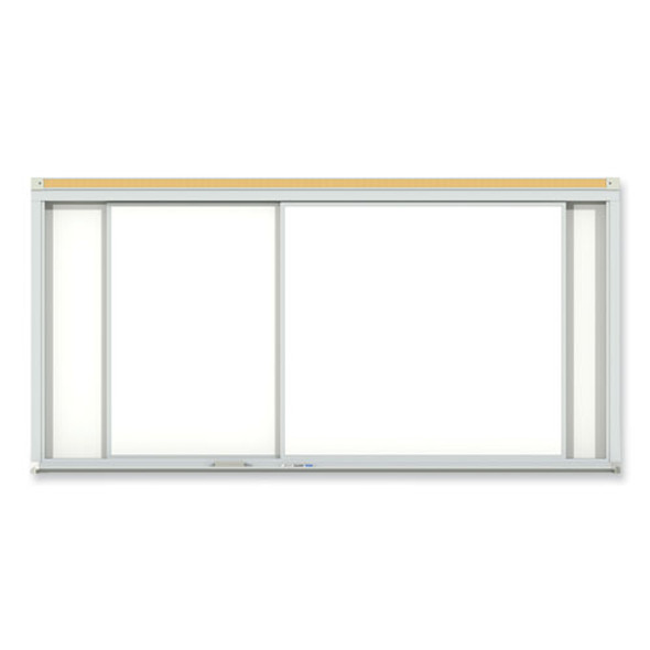 Horizontal Sliding Porcelain Magnetic Whiteboard, 72" x 48", White Surface, Anodized Aluminum Frame