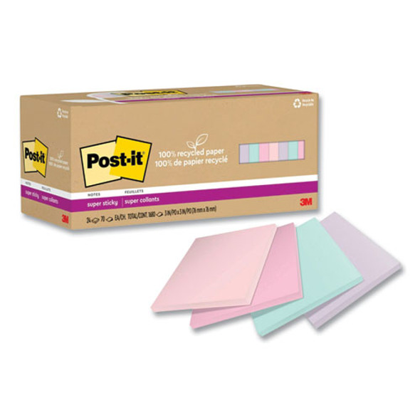 100% Recycled Paper Super Sticky Notes, 3" x 3", Wanderlust Pastels, 70 Sheets/Pad, 24 Pads/Pack 100% Recycled Paper Super Sticky Notes, 3" x 3", Wanderlust Pastels, 70 Sheets/Pad, 24 Pads/Pack