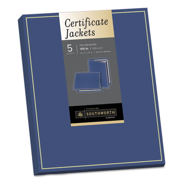 Certificate Jacket, Navy/Gold Border, 88-lb Felt Finish Stock, 12 x 9.5, 5/Pack