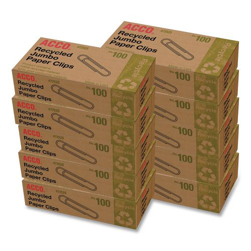Recycled Paper Clips, Jumbo, Smooth, Silver, 100 Clips/Box, 10 Boxes/Pack