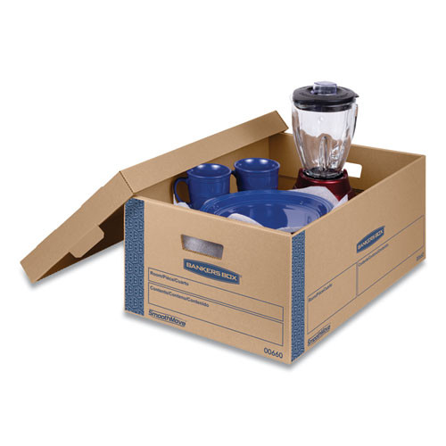 SmoothMove Prime Moving/Storage Boxes, Lift-Off Lid, Half Slotted Container, Large, 15" x 24" x 10", Brown/Blue, 8/Carton