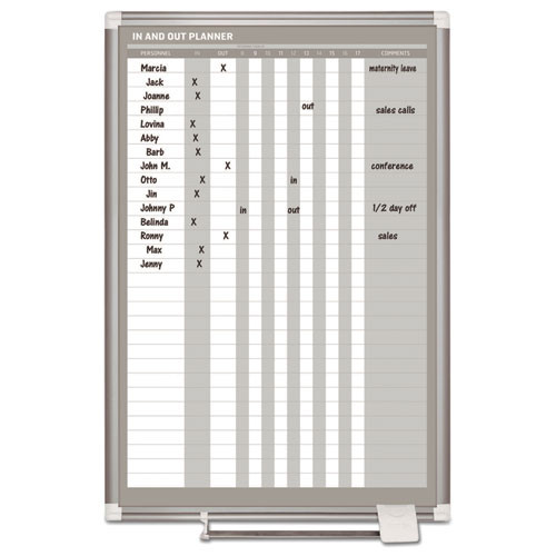 In-Out Magnetic Dry Erase Board, 30-Person Tracking, 24" x 36", White Surface, Satin Aluminum Frame