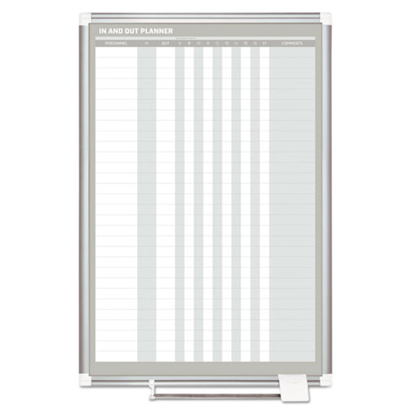 In-Out Magnetic Dry Erase Board, 30-Person Tracking, 24" x 36", White Surface, Satin Aluminum Frame In-Out Magnetic Dry Erase Board, 30-Person Tracking, 24" x 36", White Surface, Satin Aluminum Frame