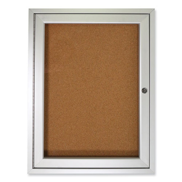 1 Door Enclosed Natural Cork Bulletin Board with Satin Frame, 18" x 24", Tan Surface, Satin Aluminum Frame