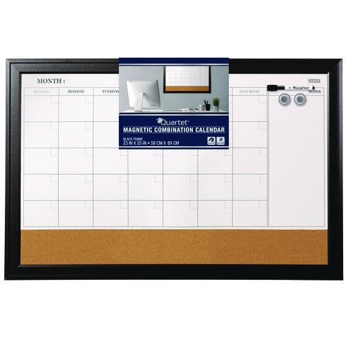 Magnetic Combination Board Calendar, Monthly Planning/Scheduling, 35" x 23", Tan/White Surface, Black Wood Frame