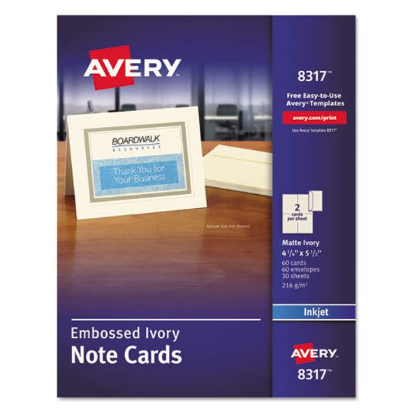 Note Cards with Matching Envelopes, Inkjet, 80 lb, 4.25 x 5.5, Embossed Matte Ivory, 60 Cards, 2 Cards/Sheet, 30 Sheets/Pack