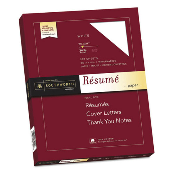 100% Cotton Resume Paper, 95 Bright, 24 lb Bond Weight, 8.5 x 11, White, 100/Pack