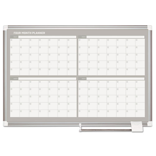 Magnetic Dry Erase Calendar Board, Four-Month Planning/Scheduling, 36" x 24", White Surface, Satin Aluminum Frame