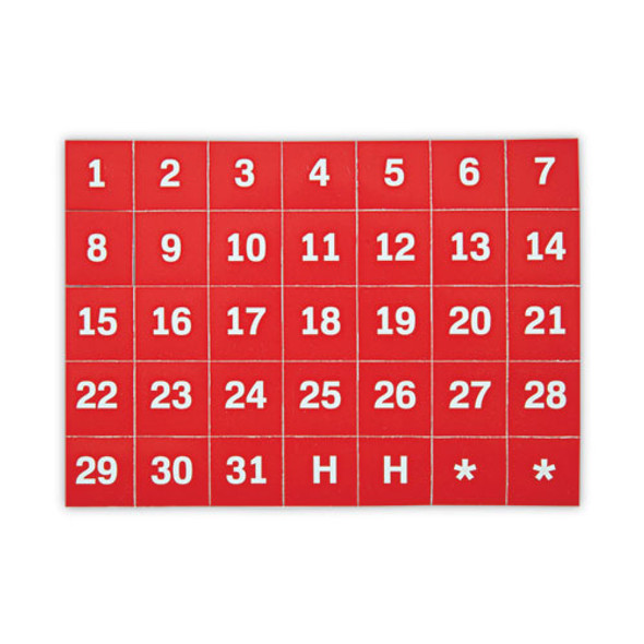 Heavy-Duty Board Magnet Labels, Calendar Dates (1-31), 1" Tall, White Characters, Red Background, 35/Pack