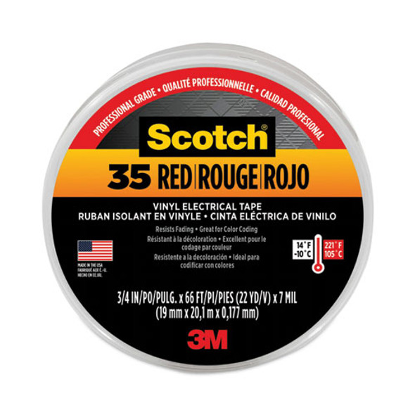 Scotch 35 Vinyl Electrical Color Coding Tape, 3" Core, 0.75" x 66 ft, Red