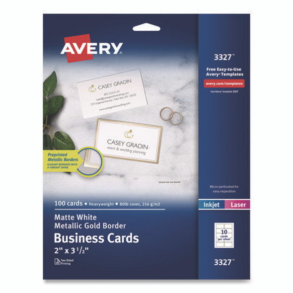 Business Cards with Metallic Gold Borders, Inkjet/Laser, 2 x 3.5, White, 100 Cards, 10 Cards/Sheet, 10 Sheets/Pack