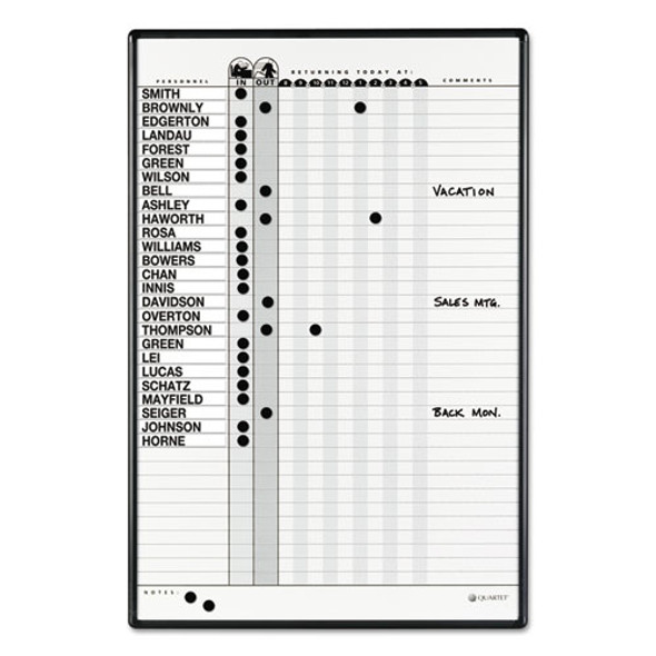 Employee In/Out Board System, 36-Person Tracking, 24" x 36", White/Gray Surface, Black Aluminum Frame