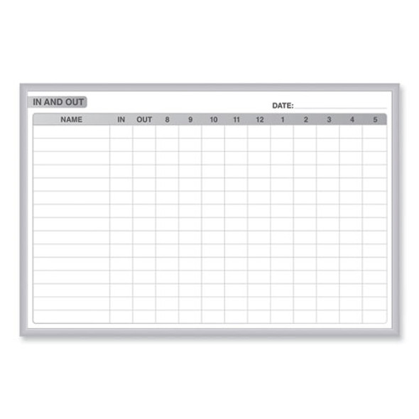 In/Out Magnetic Whiteboard, Personnel In/Out Tracking Chart, 48.5" x 36.5", White/Gray Surface, Satin Aluminum Frame