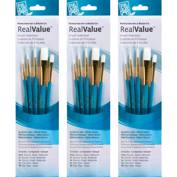 RealValue Brush Set, White Taklon Bristles, Short Handle Mixed Media Paintbrush, Blue, 5 Per Set, 3 Sets