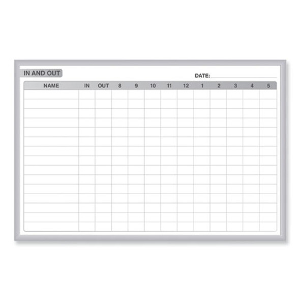 In/Out Magnetic Whiteboard, Personnel In/Out Tracking Chart, 36" x 24", White/Gray Surface, Satin Aluminum Frame