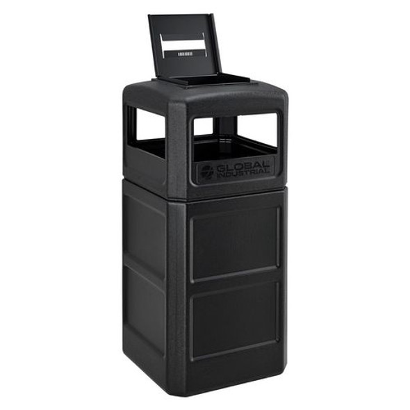 Square Plastic Waste Receptacle, Ashtray Lid with Open Sides, 42 gal, Black