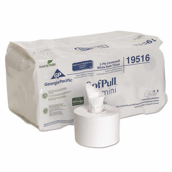 SofPull Mini Centerpull Bath Tissue, Septic Safe, 2-Ply, White, 500 Sheets/Roll, 16 Rolls/Carton