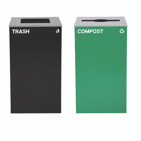 29 Gallon Trash/Recycling Cans, Steel, Green Compost Can with Mixed Lid, Black Trash Can with Square Lid