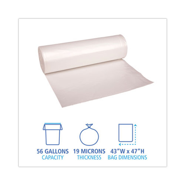 High-Density Can Liners, 56 gal, 19 mic, 43" x 47", Natural, Perforated Roll, 25 Bags/Roll, 6 Rolls/Carton High-Density Can Liners, 56 gal, 19 mic, 43" x 47", Natural, Perforated Roll, 25 Bags/Roll, 6 Rolls/Carton