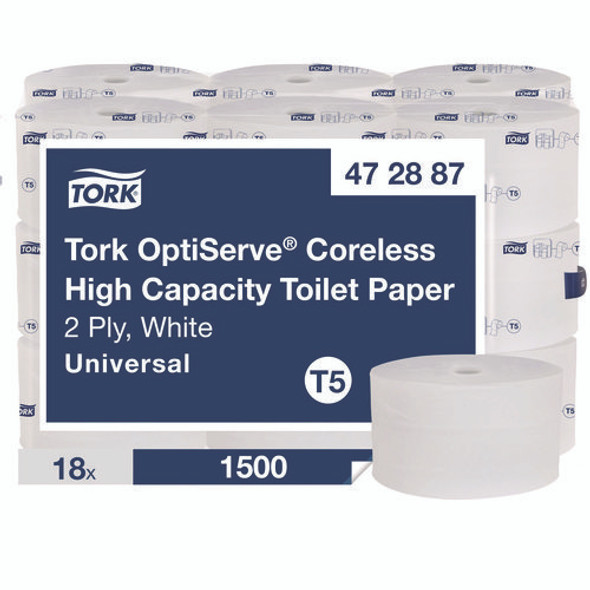 OptiServe High-Capacity Coreless Toilet Paper, 2-Ply, White, 1,500 Sheets, 18 Rolls/Carton