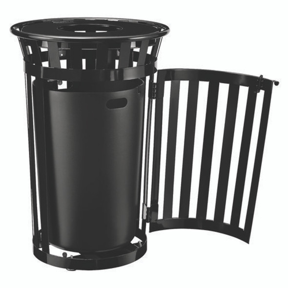 Outdoor Slatted Steel Trash Can, With Access Door, 36 gal, Steel Black