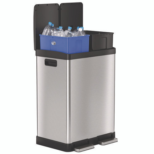 Step Pedal Trash Can and Recycle Bin, 16 gal, Plastic/Stainless Steel, Silver
