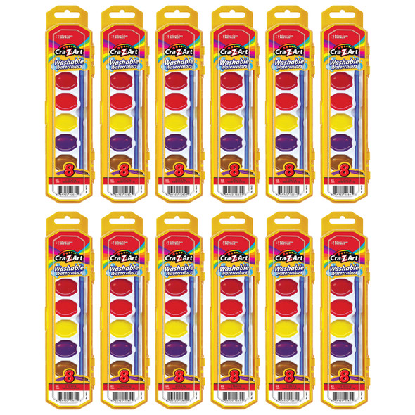 Washable Watercolors with Brush, Peggable Tray, 8 Colors Per Set, 12 Sets